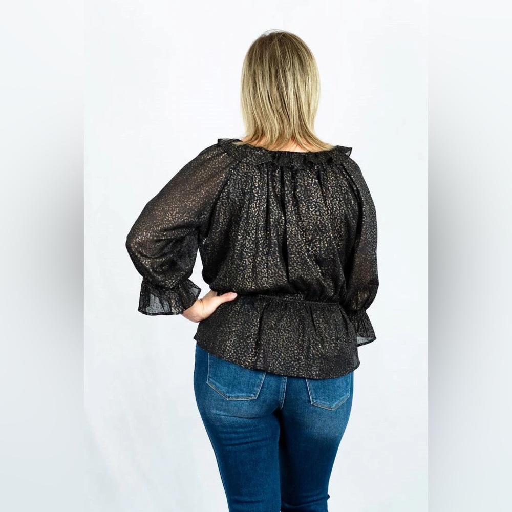 ENTRO Shimmer Leopard Print V-Neck Peplum Top Green Gold Artsy Quirky Size S NWT - Picture 3 of 12